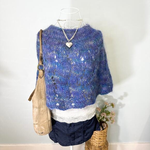 None and/or Unknown Sweaters - INSANE wool knit blue crochet poncho cape top- believe it’s handmade